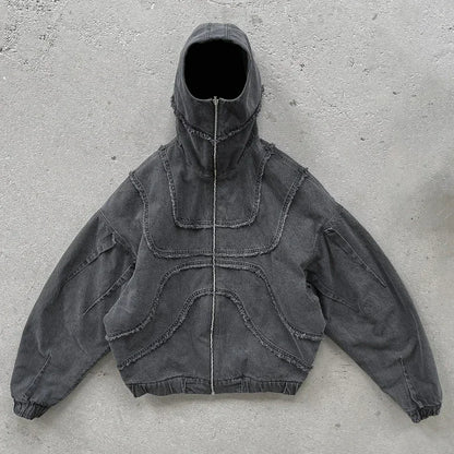 Washed Denim Hooded Jacket Unisex Patchwork Goth Streetwear