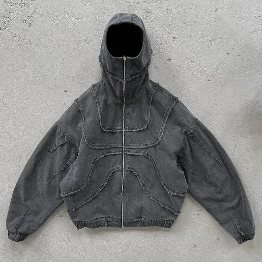 Washed Denim Hooded Jacket Unisex Patchwork Goth Streetwear