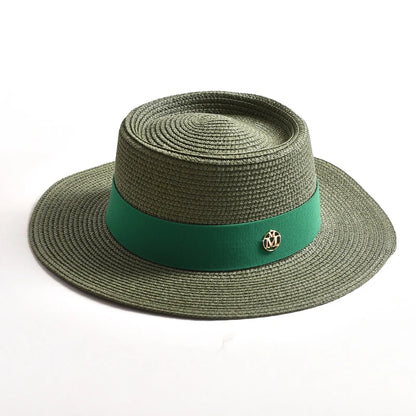 Women's Straw Sun Hat Flat Brim Ribbon Beach Hat