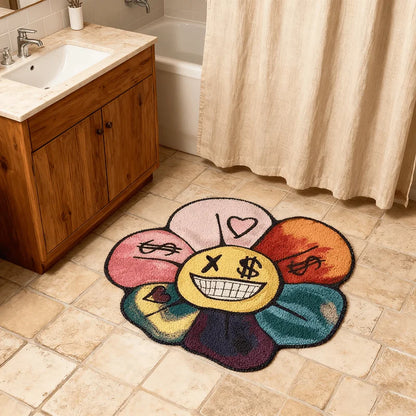 Colorful Flower Smiley Face Area Rug – Soft Non-Slip Floor Mat