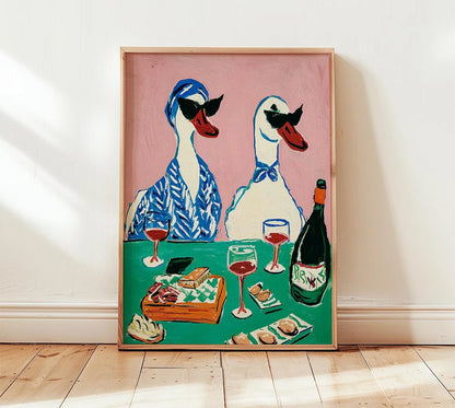 Duck Wine Party Art Print – Quirky Animal Poster for Kitchen & Dining Room