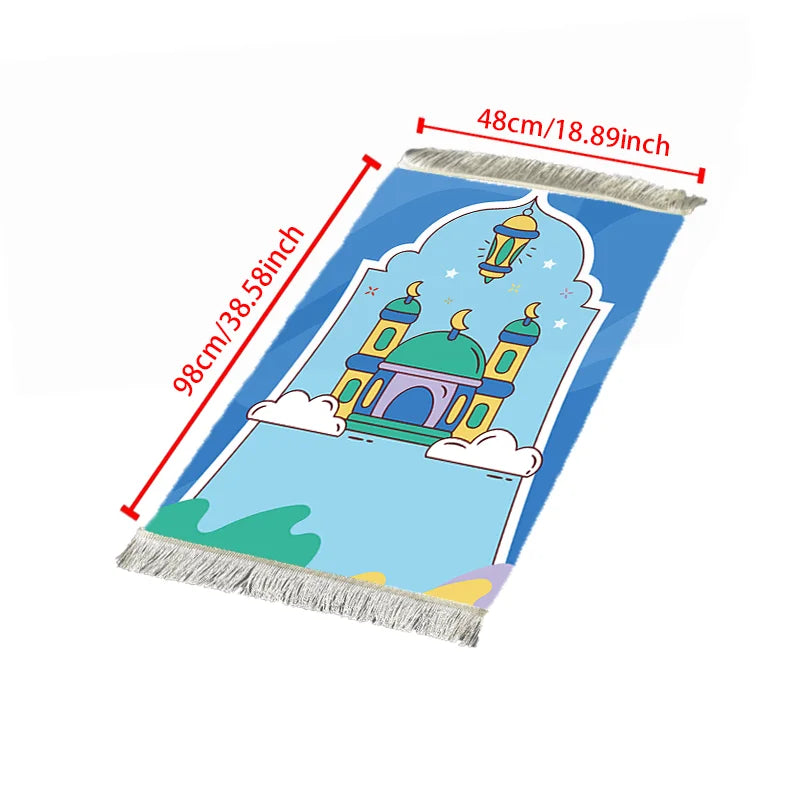 Kids Prayer Mat – Cartoon Mosque Blue Tasseled Rug