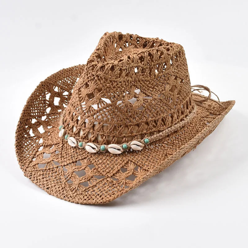 Wide Brim Straw Beach Hat with Shell Band