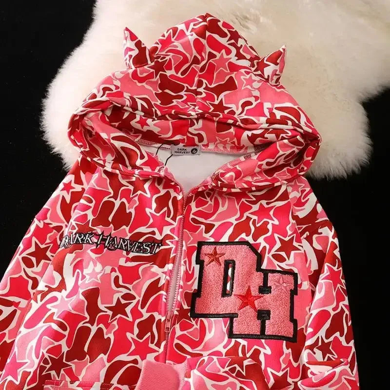 Harajuku Star Camo Full-Zip Hoodie Jacket – Unisex Streetwear