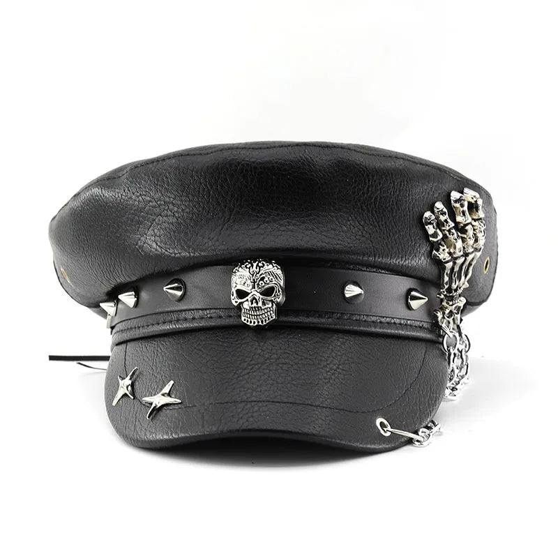 Punk PU Leather Military Beret with Skull Rivets & Chain