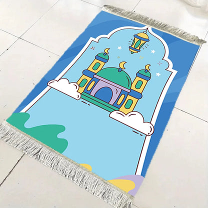 Kids Prayer Mat – Cartoon Mosque Blue Tasseled Rug