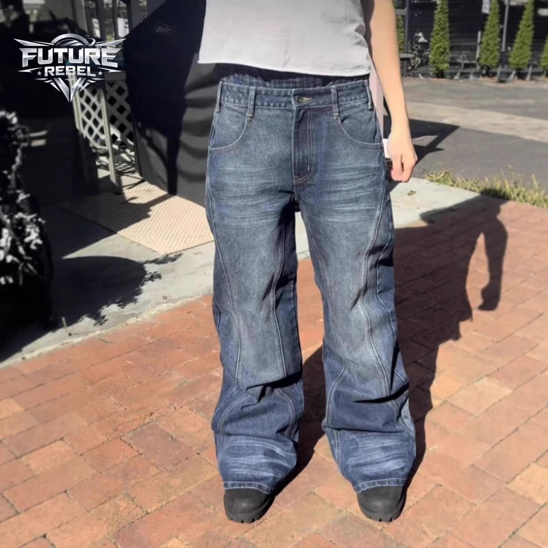 Mens Jeans Harajuku Vintage Streetwear Embroidery Hip Hop Denim Pants Washed Distressed Straight Leg