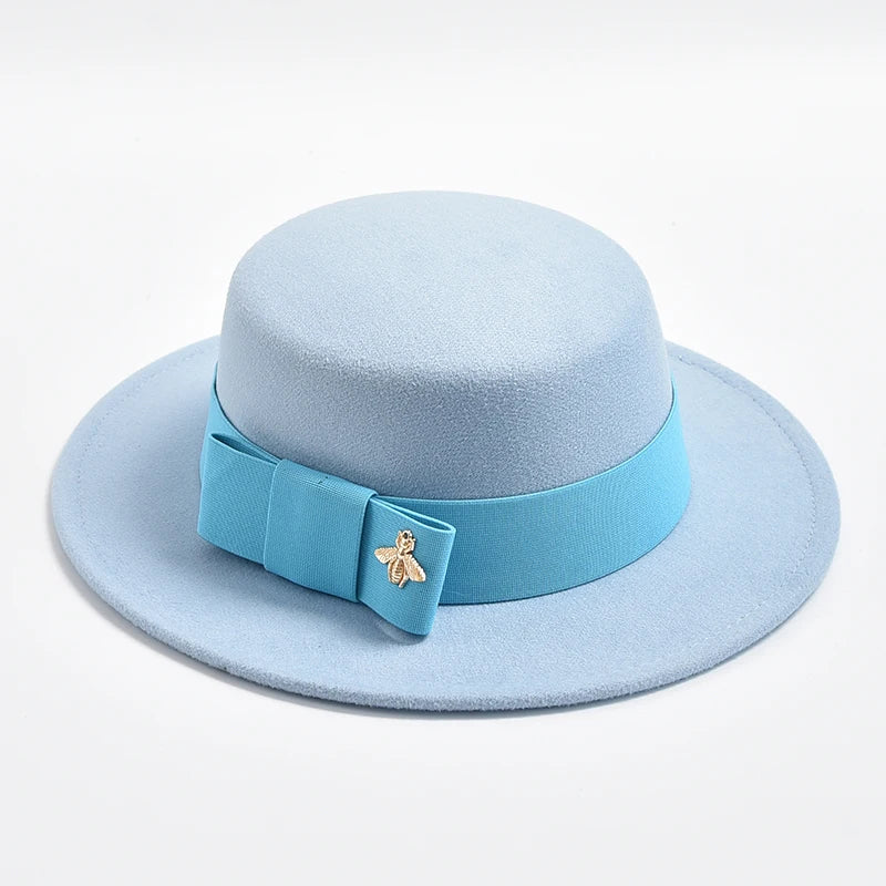Women's Flat Top Fedora Hat – Bow & Bee Pin, Church & Party