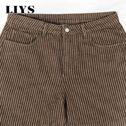 Vertical Striped Jacquard Wide Leg Jeans – British Retro Style