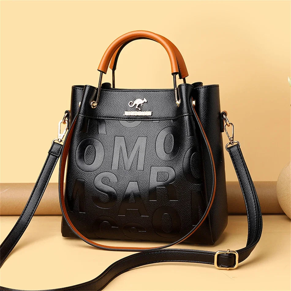 Designer Letter-Embossed Women's Handbag – 3-Layer PU Leather Tote
