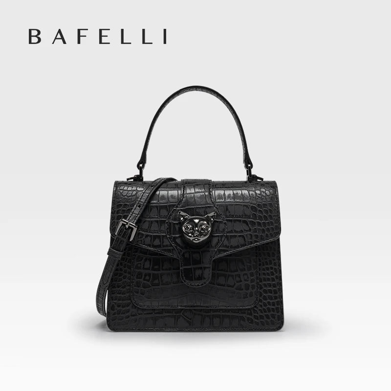 Leather Crossbody Bag – Croc-Embossed Top Handle with Cat Clasp