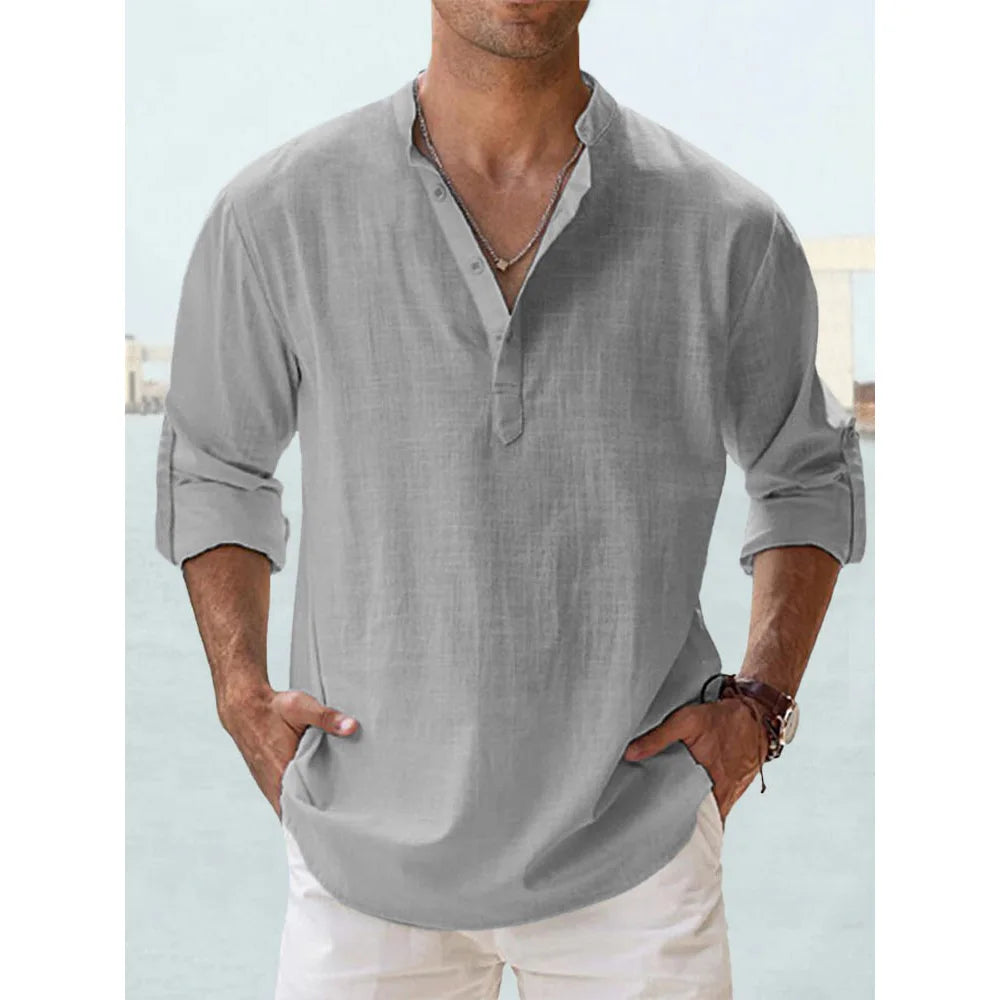 Men's Cotton Linen Henley Shirt – Long Sleeve Casual Beach Top