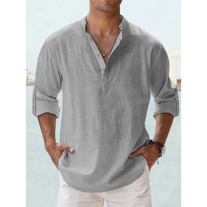 Men's Cotton Linen Henley Shirt – Long Sleeve Casual Beach Top