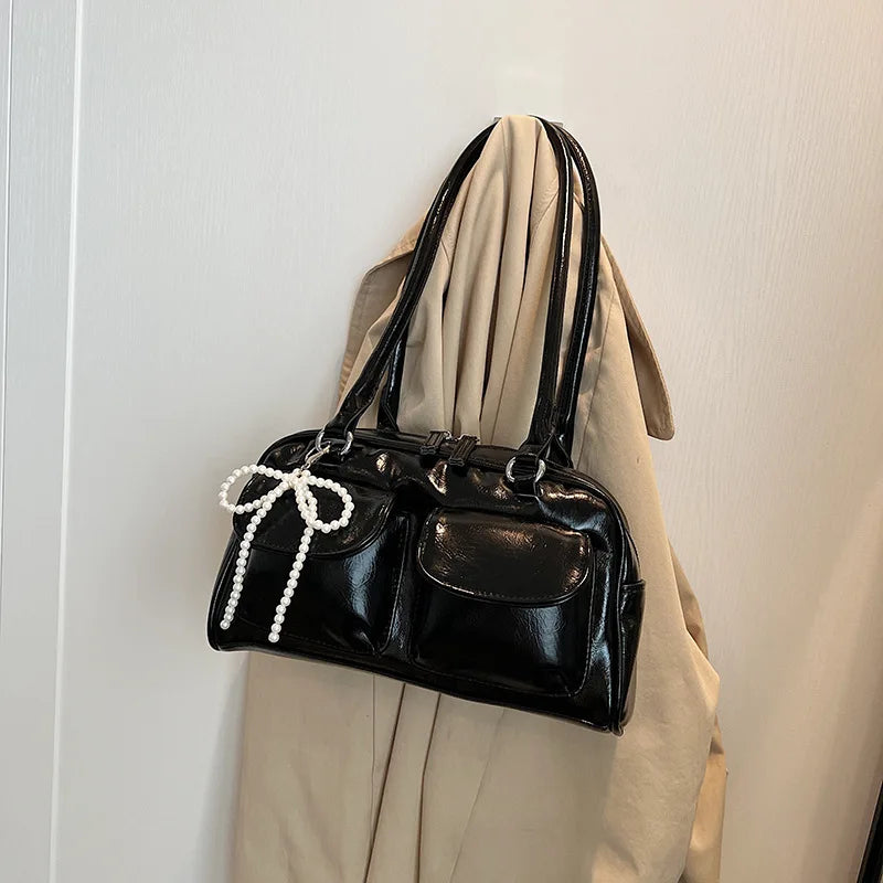 Solid Sewing Thread Fashion Glossy PU Shoulder Bags