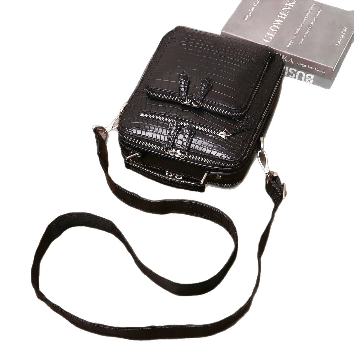 Genuine Leather Crocodile Pattern Men's Messenger Bag