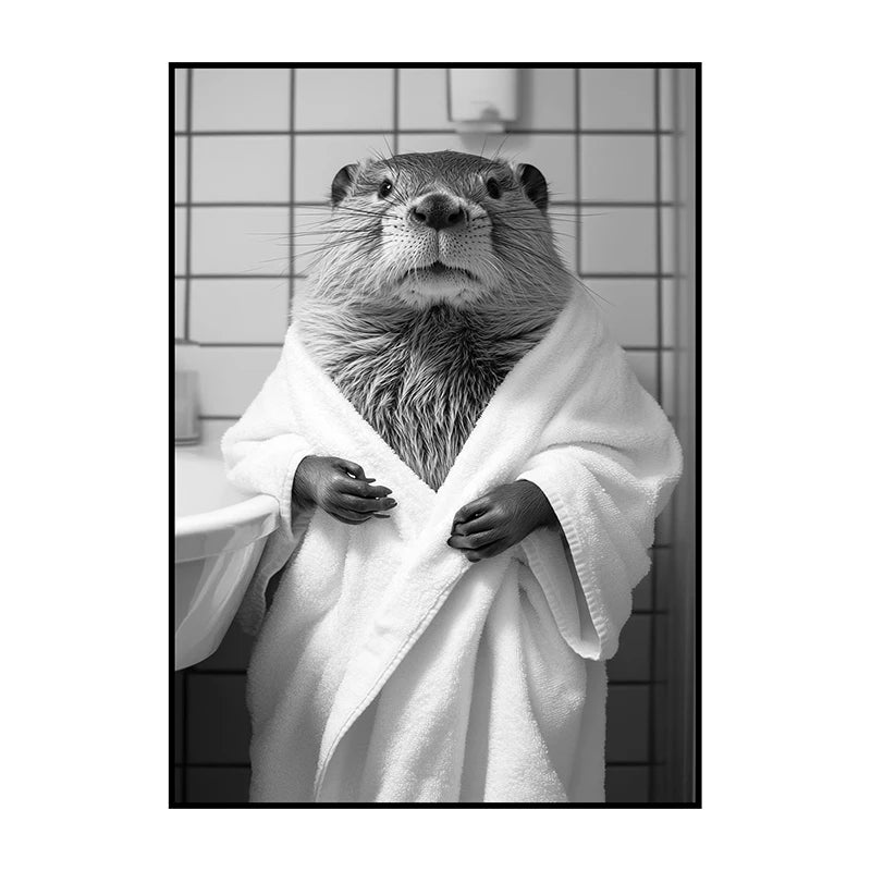 Funny Animal Bathroom Wall Art Poster – Quirky Wildlife in Bathrobe Print