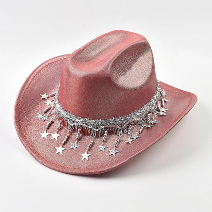 Sequin Cowgirl Hat with Rhinestone Star Fringe – Women's Festival & Party Hat