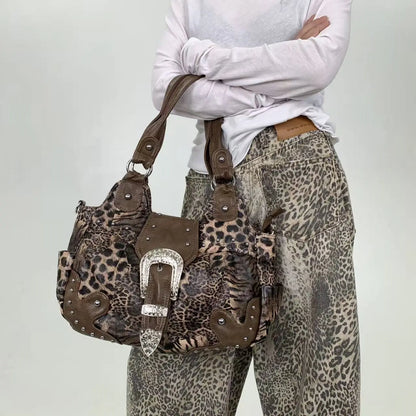 Y2K Leopard Patchwork Rivet Crossbody Tote Bag