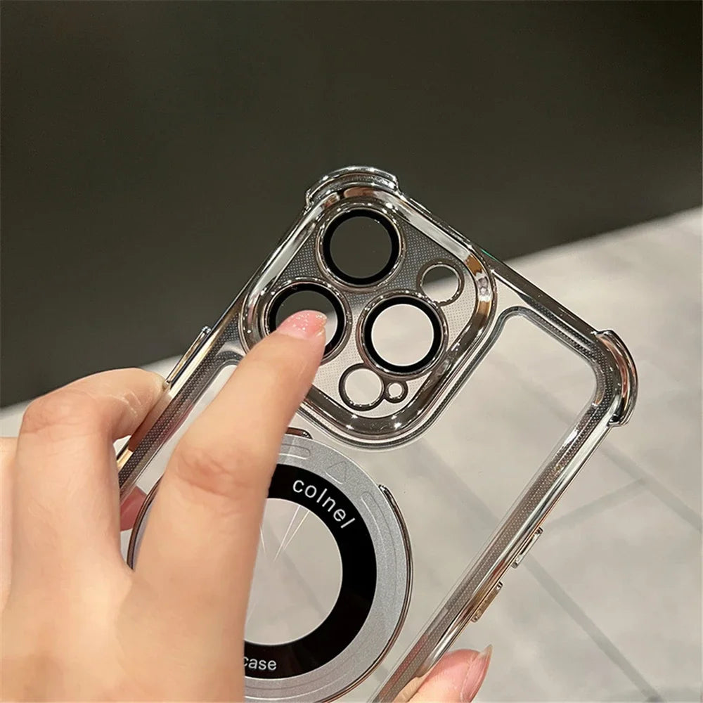 MagSafe Clear iPhone Case – Luxury Metal Plating Shockproof Magnetic Bracket