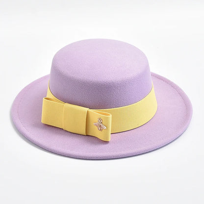 Women's Flat Top Fedora Hat – Bow & Bee Pin, Church & Party