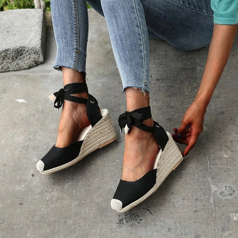 Women's Espadrille Wedge Sandals – Ankle Strap Lace-Up Canvas Shoes