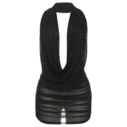 Backless Halter Mesh Mini Dress Women Cowl Neck Bodycon Tank Top
