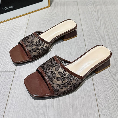 Embroidery Mesh Heeled Mules – Women's Square Toe Sandals