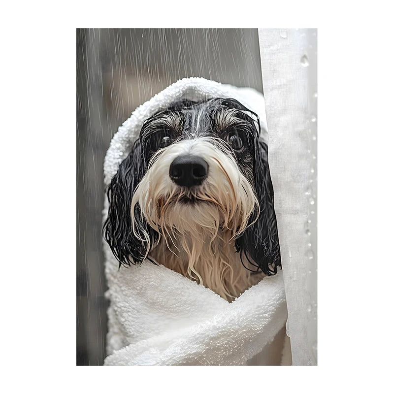 Funny Dog Bathroom Poster – Schnauzer in Bathrobe Wall Art Print