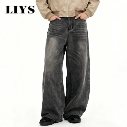 Men S American Retro Gray Baggy Wide Leg Jeans Daily Business Casual Loose Straight Denim Pants Four