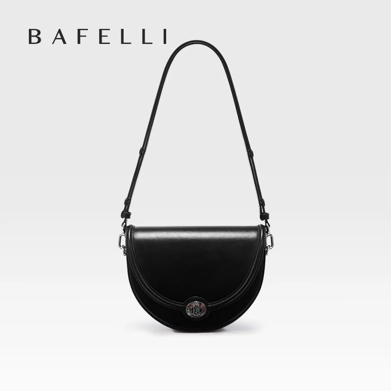 Designer Half-Moon Saddle Bag Top Grain Leather Mother-Of-Pearl Clasp - Light Luxe All-Leather