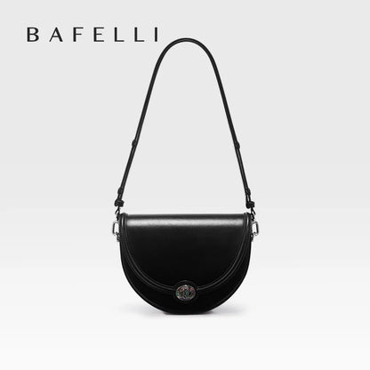 Designer Half-Moon Saddle Bag Top Grain Leather Mother-Of-Pearl Clasp - Light Luxe All-Leather