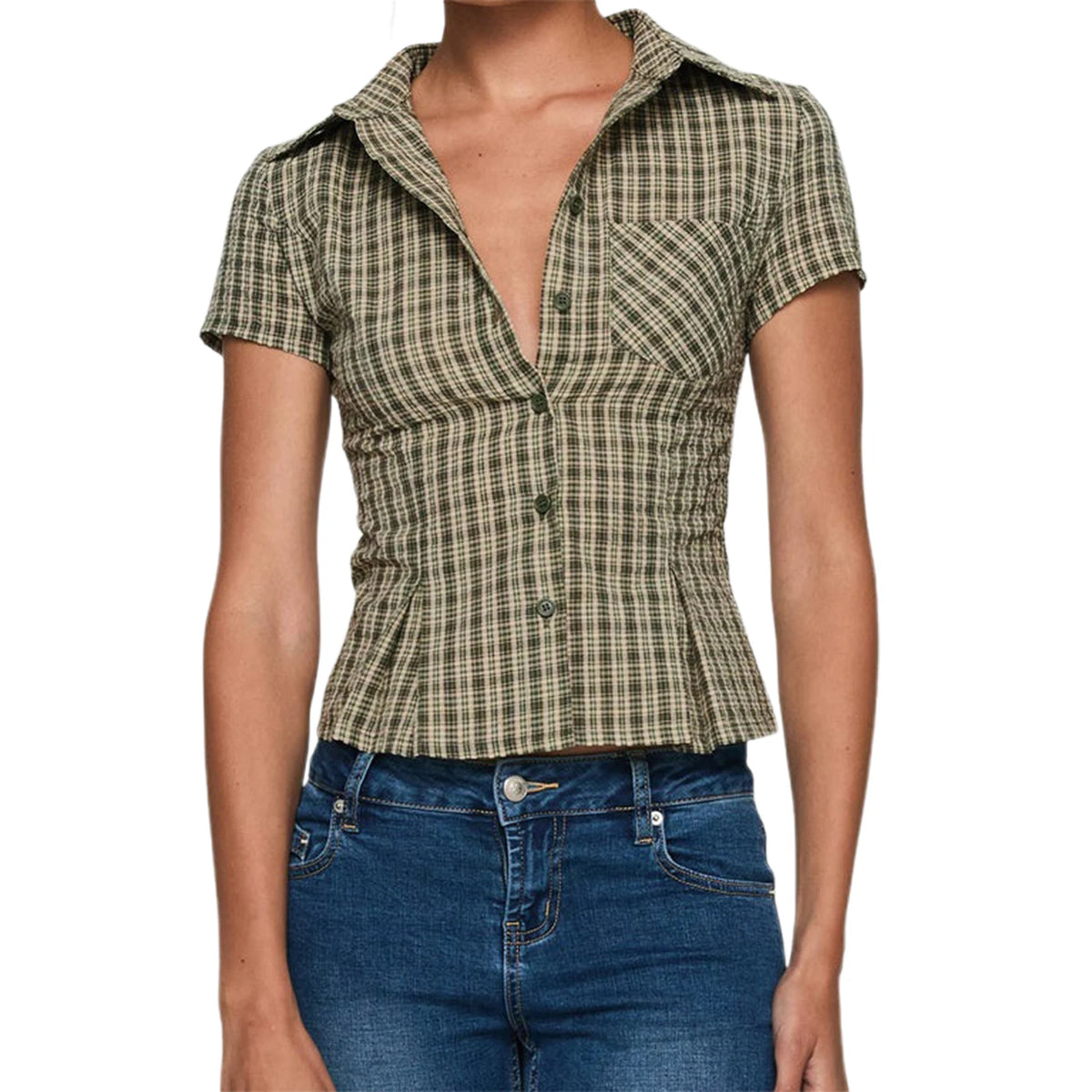 Plaid Short Sleeve Shirt – Women's Button-Up Collared Summer Top