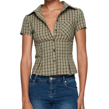 Plaid Short Sleeve Shirt – Women's Button-Up Collared Summer Top