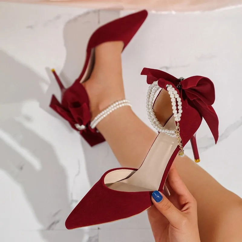 Women's Pearl Ankle Strap Stiletto Heels – Bow Pointed Toe Wedding Pumps