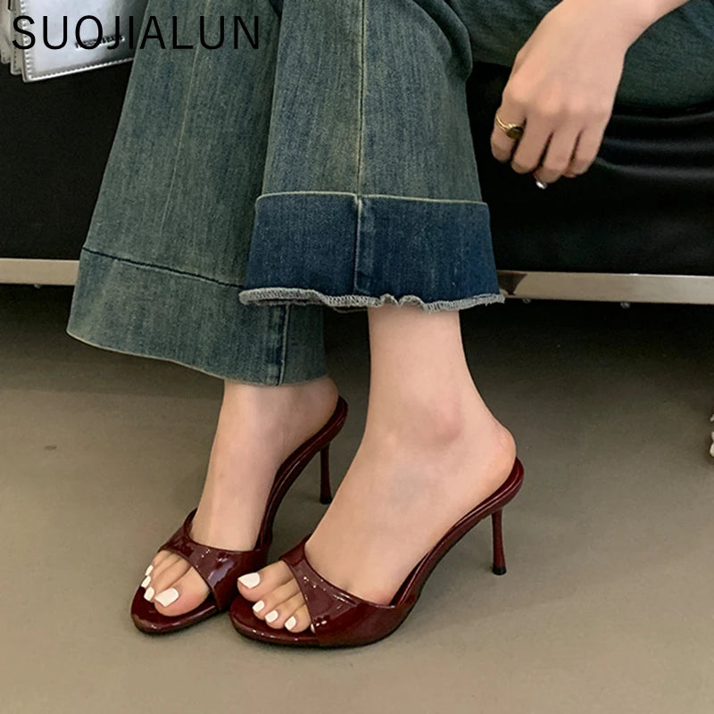 Women's Open-Toe Stiletto Heel Slides – Elegant Patent Mule Pumps