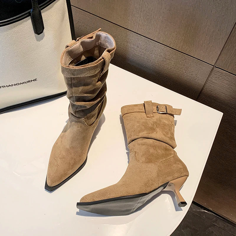 Women's Suede Slouch Boots – Pointed Toe Stiletto Heel with Buckle Strap