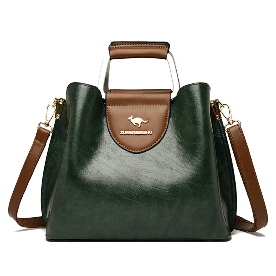 Luxury Oil Skin Leather Tote Bag for Women – 3-Layer Shoulder Handbag