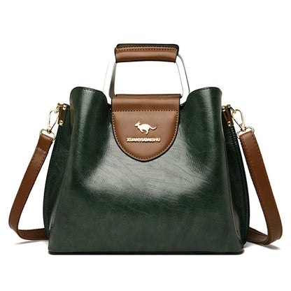 Luxury Oil Skin Leather Tote Bag for Women – 3-Layer Shoulder Handbag