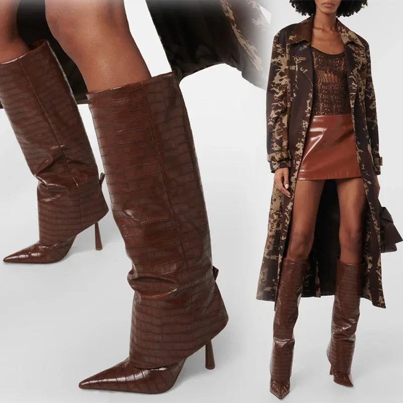 Knee-High Stiletto Boots for Women – Croc Pattern Leather