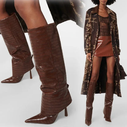 Knee-High Stiletto Boots for Women – Croc Pattern Leather