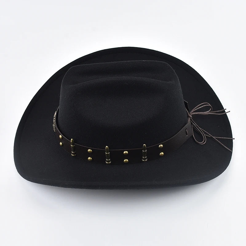 Men Women Western Cowboy Hat Leather Vintage Big-Edge Gentleman Cowgirl Cloche Church Caps