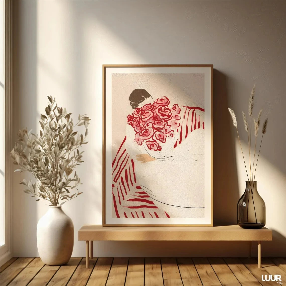 Feminine Floral Wall Art Print – Woman with Roses Minimalist Poster