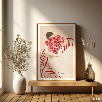 Feminine Floral Wall Art Print – Woman with Roses Minimalist Poster