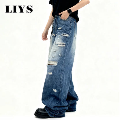 Blue Baggy Ripped Jeans – Men's Retro Goth Street Denim