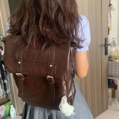 Vintage Brown Backpacks Women High Street Preppy Style Pu Leather