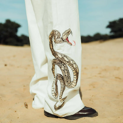 Y2K Snake Embroidery White Baggy Jeans – Unisex Wide Leg Denim