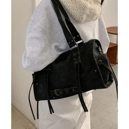 Retro Motorcycle Handbag Women Horizontal Tassel Design