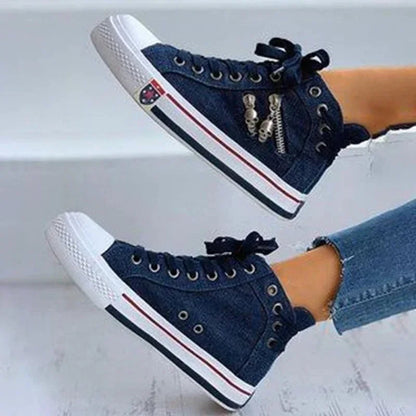 Women's High Top Denim Canvas Sneakers – Skull Zipper Lace-Up Casual Shoes