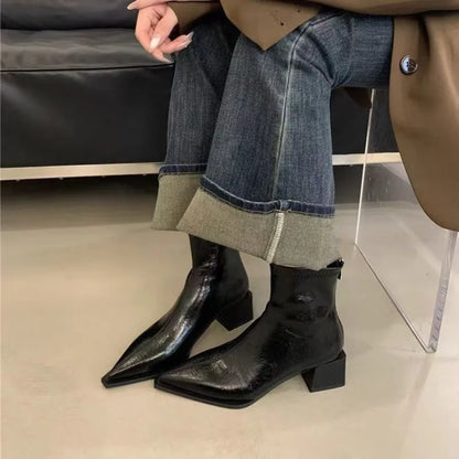 Women's Pointed Toe Ankle Boots – Square Mid Heel Short Boots