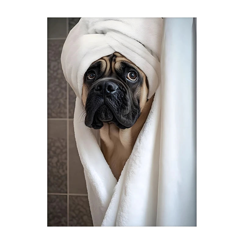 Funny Dog Bathroom Poster – Schnauzer in Bathrobe Wall Art Print